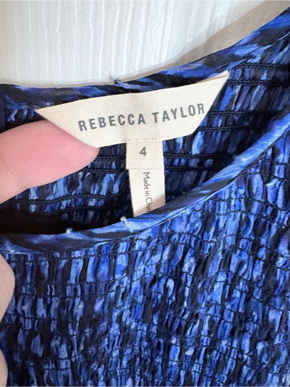 Rebecca Taylor Silk Blend Smocked Midi Dress Blue Print Sleeveless Size 4 - Picture 7 of 12